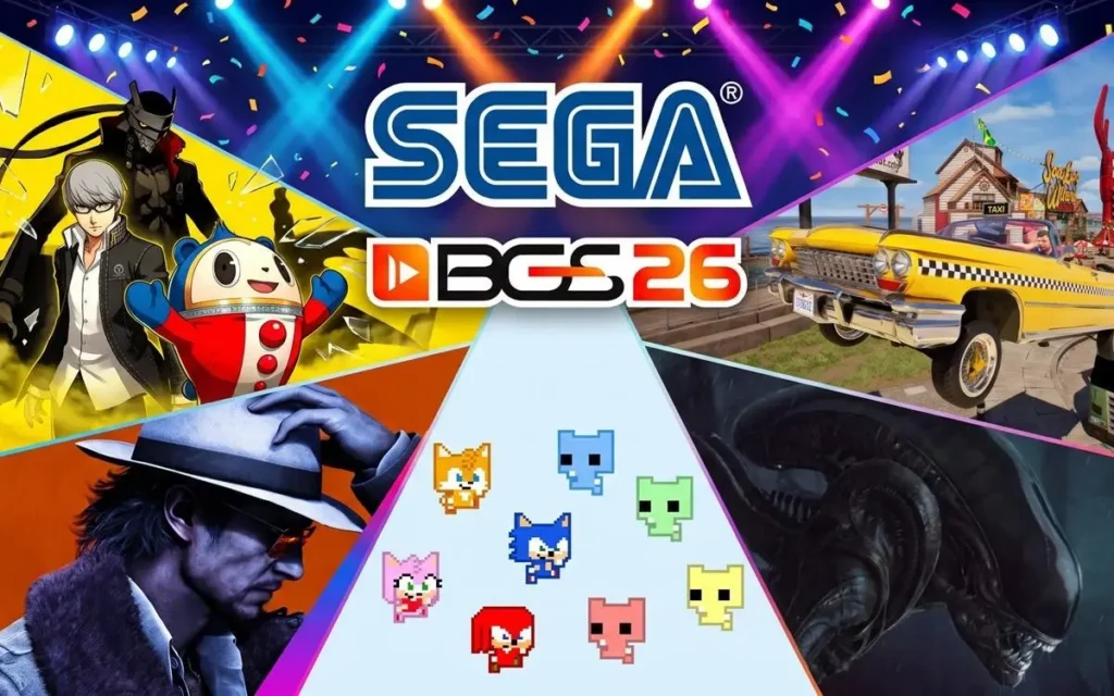 Banner da SEGA na BGS 26 com personagens de jogos como Sonic, Alien e Persona em arte colorida
