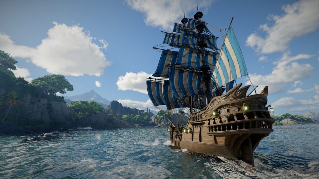 Navio de vela com mastros azuis e brancos navegando em mar tropical no jogo Crimson Desert