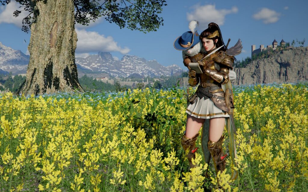 Personagem de Crimson Desert Enhanced Edition com armadura dourada em campo de flores amarelas