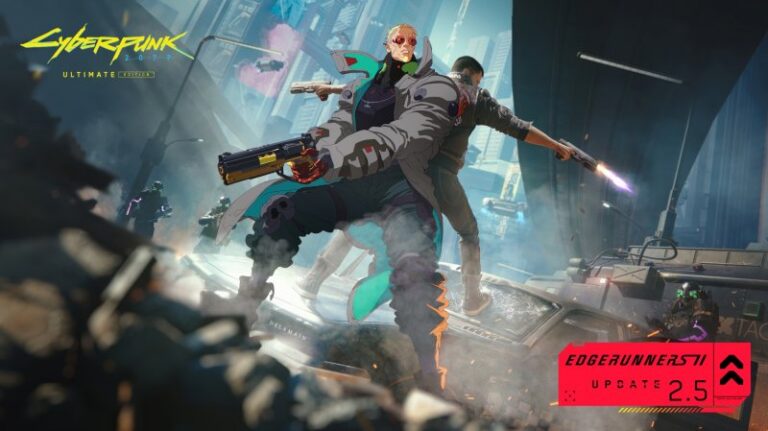 Arte teaser de Cyberpunk 2077 Ultimate Edition mostrando personagens armados em combate urbano — Update 2.5 Edgerunners