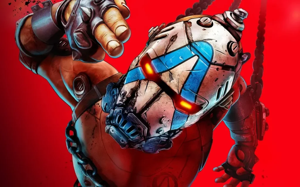 Personagem de Borderlands 4 com máscara metálica azul e olhos laranja brilhantes em fundo vermelho