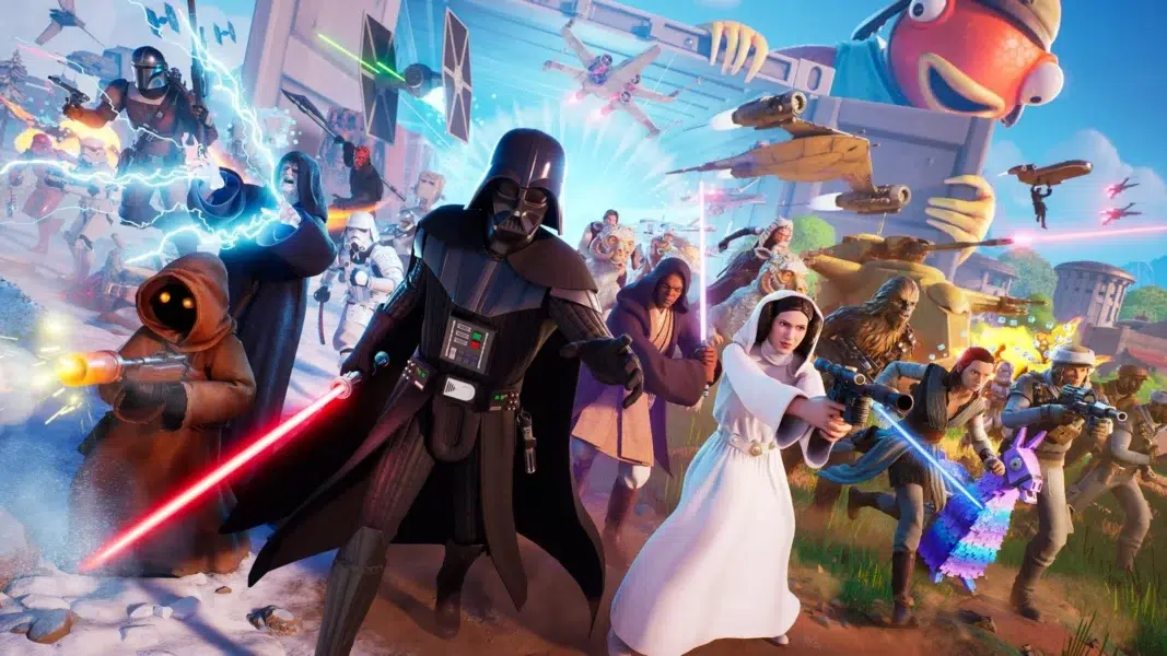 Darth Vader, Princesa Leia, Chewbacca e outros personagens de Star Wars em arte promocional de Fortnite da Epic Games