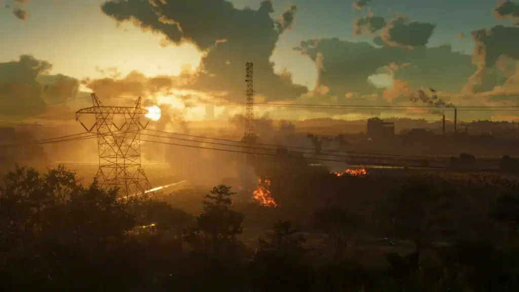 Cena aérea de GTA 6 com torres de energia, incêndios e fumaça ao pôr do sol em paisagem aberta