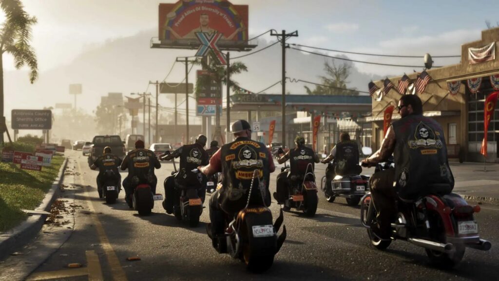 Grupo de motociclistas com coletes de gang percorrendo uma avenida ensolarada em GTA 6