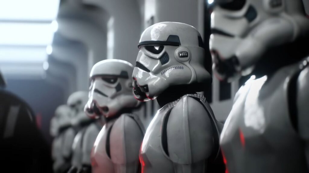 Stormtroopers do Império enfileirados em ambiente metálico em cena do universo Star Wars