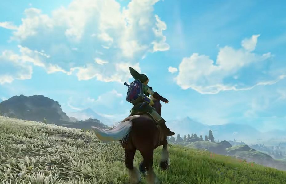Link montado em Epona cavalgando por campos verdejantes em The Legend of Zelda: Ocarina of Time no Switch 2